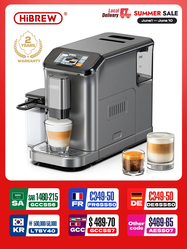 HiBREW automatic grey coffee machine with touchscreen, milk frother, and 1.8L water tank for espresso and lattes.