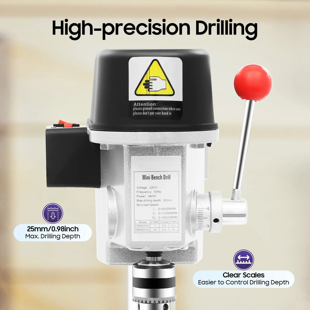 340W 220V Mini Bench Drill Press Corded Mini Table Drill,3 Adjustable Speed Benchtop Drill Press for DIY Creation Woodworking Metal Drilling
