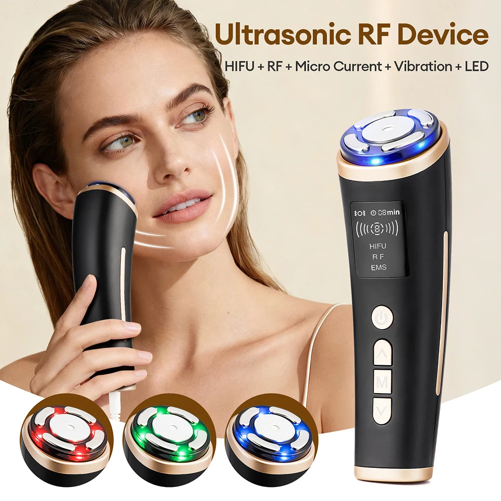 Black and gold handheld ultrasonic facial lifting device with LED light therapy, shown in use on a woman's cheek.