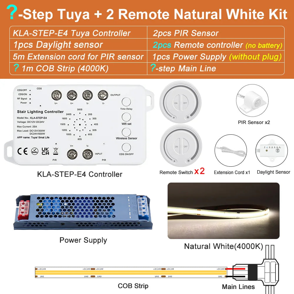 Natural white Tuya staircase light kit with controller, PIR sensors, remote switch, COB strip