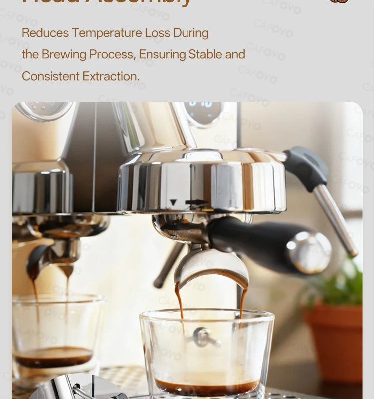 Cafovo chrome espresso machine with portafilter head assembly brewing fresh coffee into glass cups.