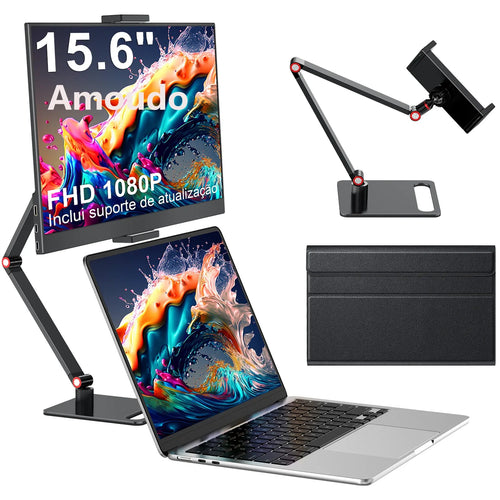 Amoudo 15.6" FHD portable monitor with adjustable desk stand, laptop, and protective cover.