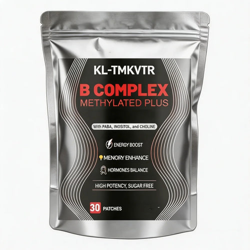 Vitamin B complex transdermal patch pouch, silver bag labeled with 30 patches