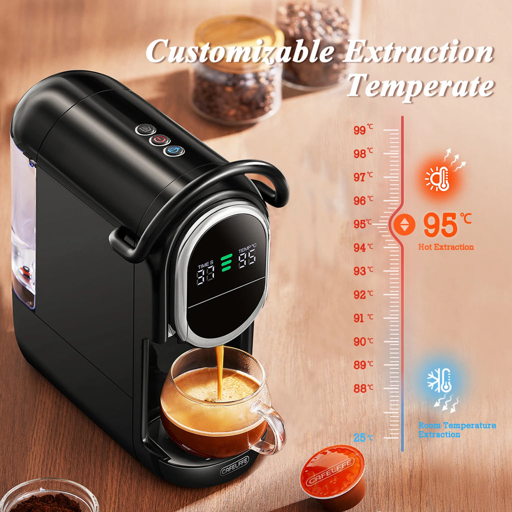 Cafelffe black compact capsule coffee maker with digital temperature display pouring espresso into a glass cup.