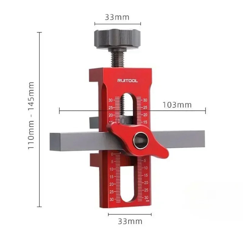 Red and gray dowel drilling jig with black clamp and central drilling guide