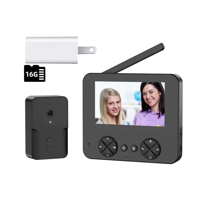 Wireless video doorbell set with black outdoor camera and indoor monitor, 16GB