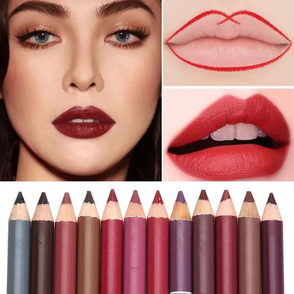 Professional waterproof wood lip liner pencil set for long-lasting matte lip makeup in various rich, pigmented shades.