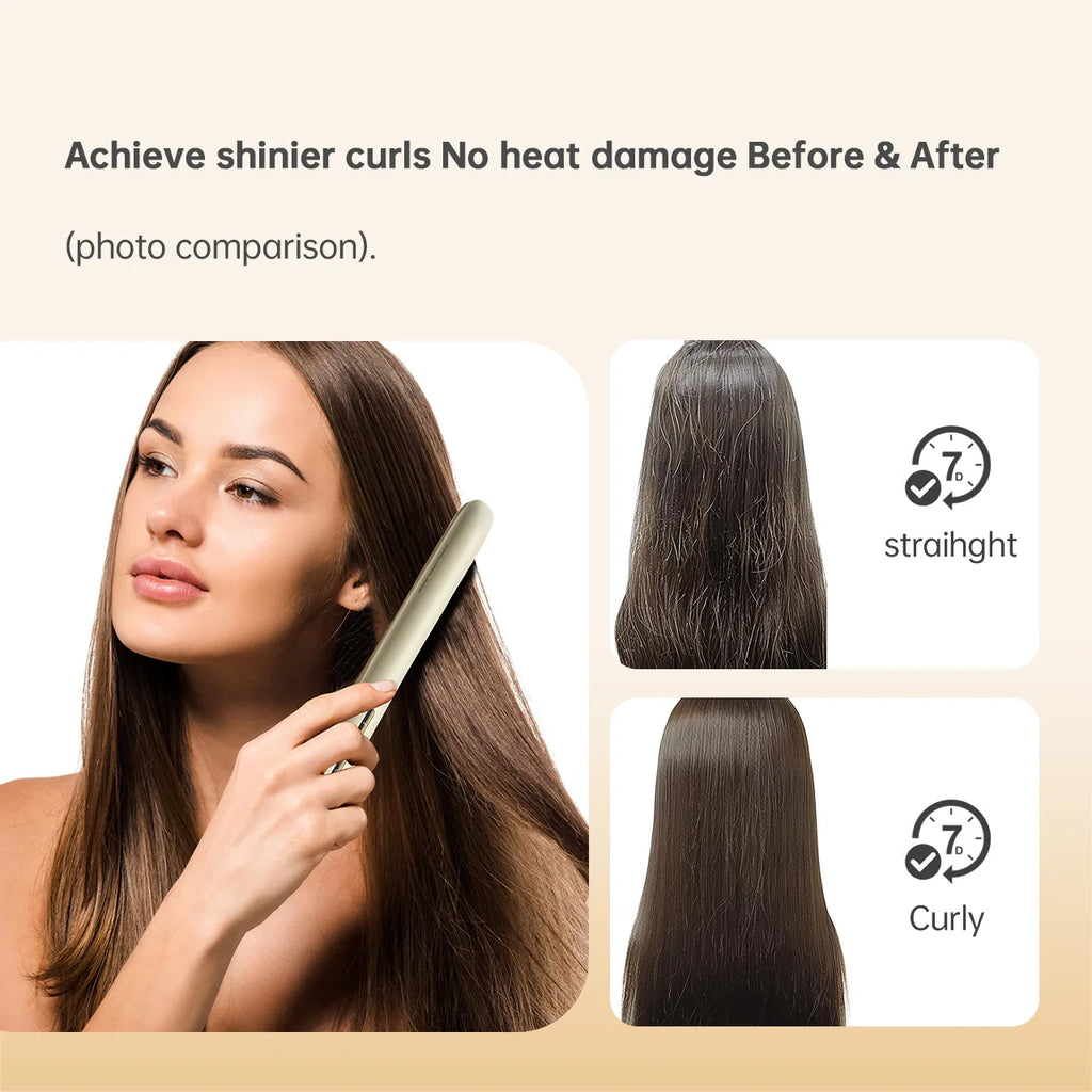 Champagne gold 2-in-1 flat iron straightener for sleek, curly hair with negative ion technology.