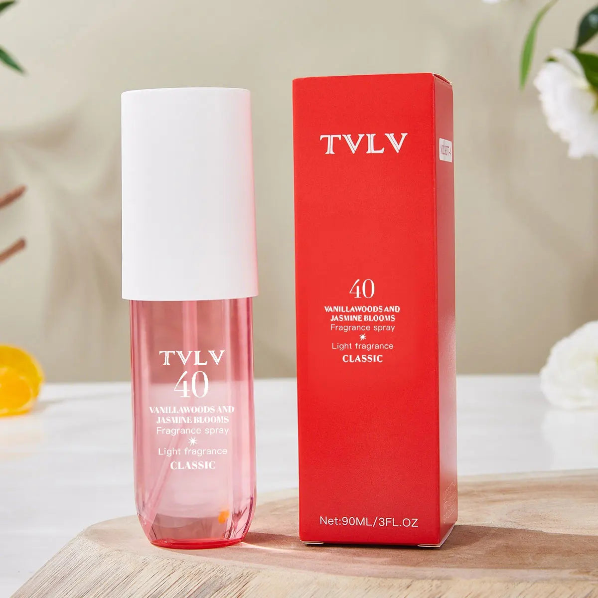 TVLV 40 Vanilla & Jasmine alcohol-free perfume spray. Slim pink bottle, long-lasting Brazilian fragrance for parties.