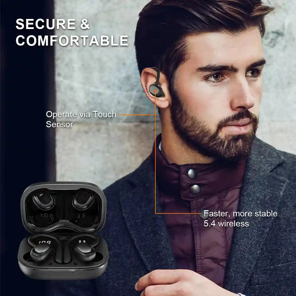 Wireless Bluetooth Sports Earbuds | Secure Ear-Hook Fit | Black | Tidesmit Tidesmit