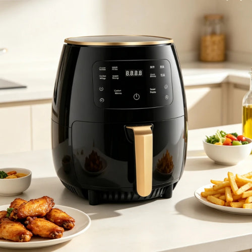 Black 6L air fryer with touch screen and gold handle, front view