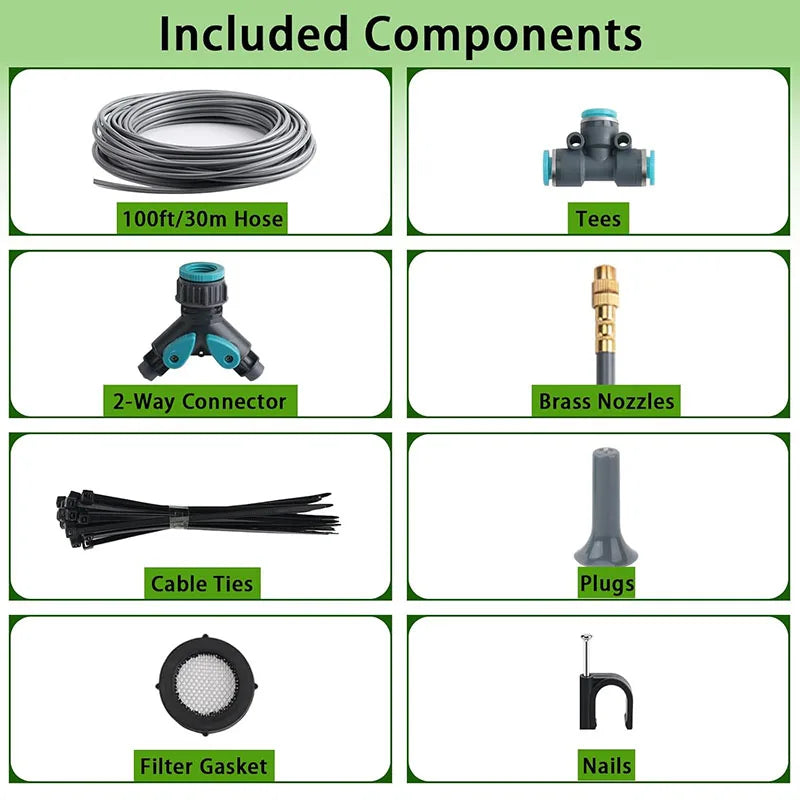 100 200FT 1/4" Drip Irrigation System Kit Automatic Garden Watering System With 16Pcs Adjustable Spray Nozzles For Garden Lawn