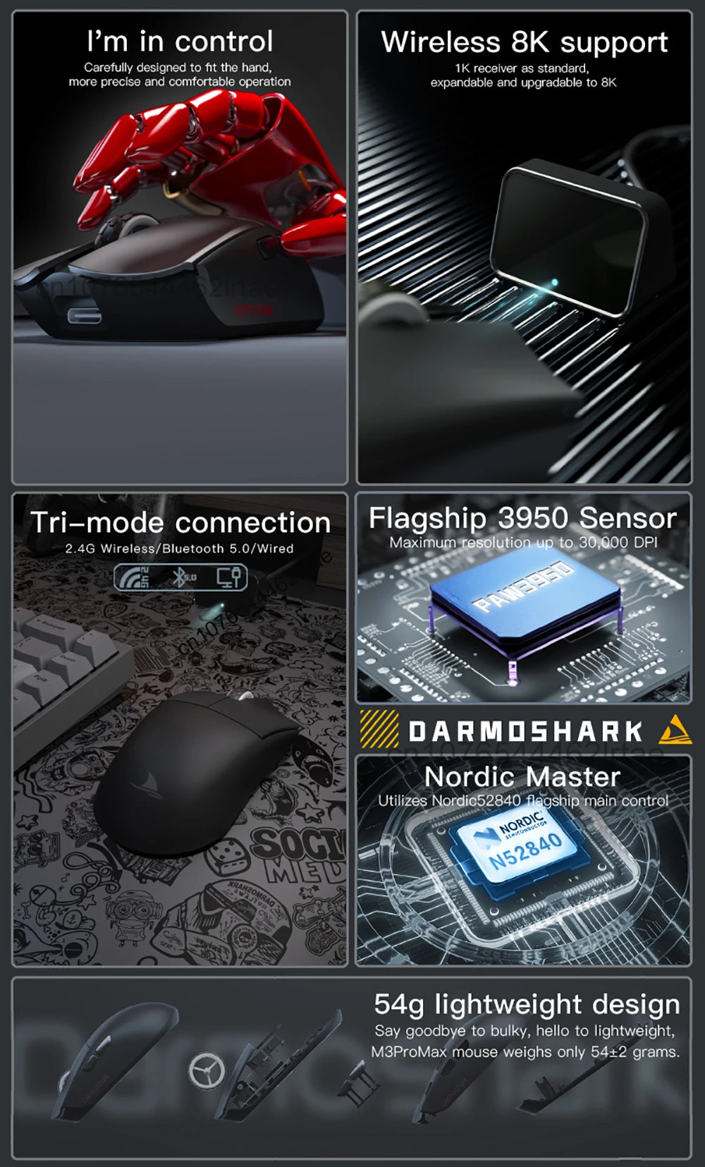 Darmoshark  M3 Pro /Max Wireless Gaming Mouse Bluetooth Tri-Mode PAW3395/3950 Nordic 52840 Game Macro Mouse For PC Laptop