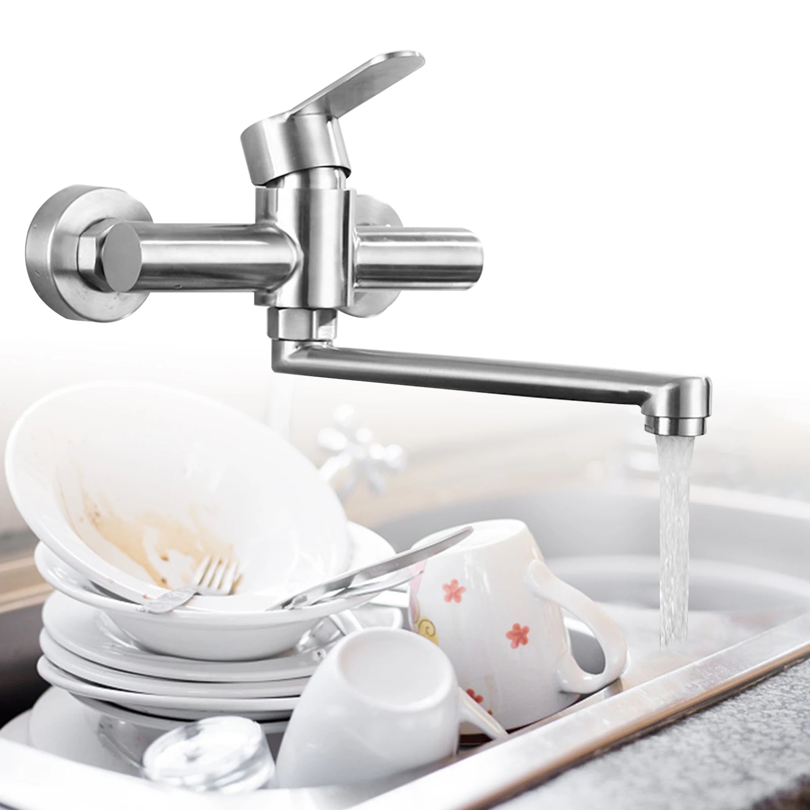 Silver Wall-Mounted Stainless Steel Rotatable Kitchen Faucet 360° Single Handle Hot and Cold Water Faucet For Both Homes Etc