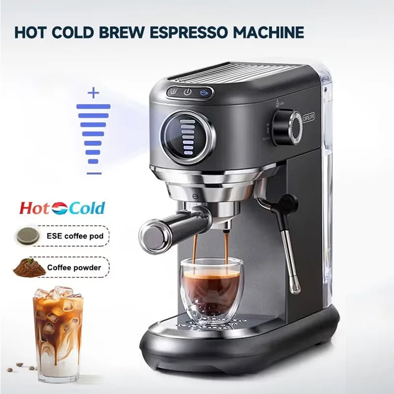 Cafelufe matte black hot and cold brew espresso machine with portafilter, compatible with ESE pods and coffee powder.