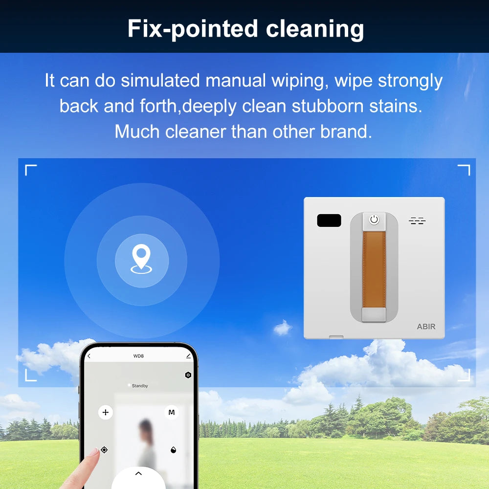 Tidesmit ABIR WD8 window vacuum robot cleaner showing dual ultrasonic spray nozzles and laser cleaning technology