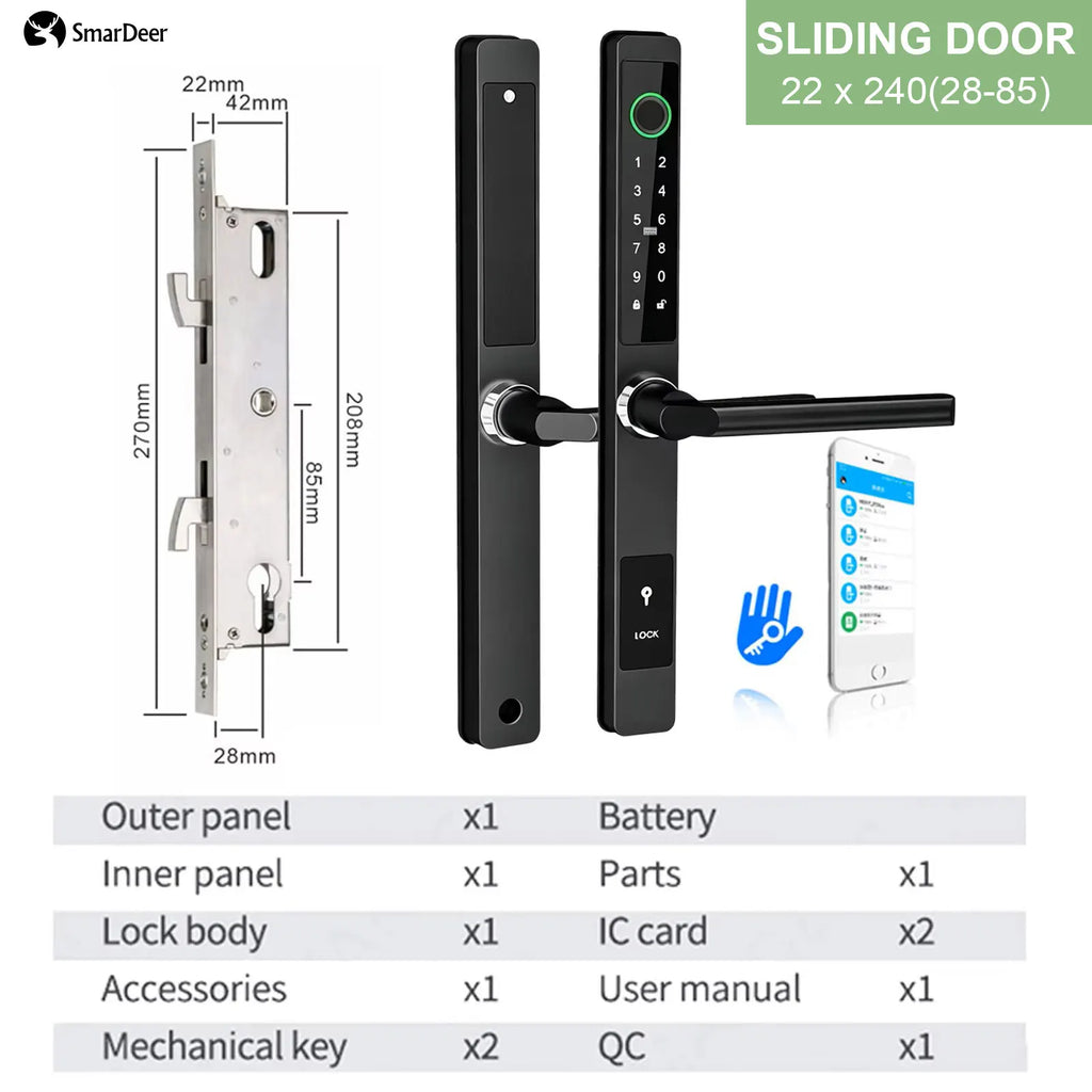 SmarDeer IP65 Waterproof Sliding Door Smart Lock，Tuya WiFi Broken Bridge Aluminum Sliding Door  Fingerprint Lock