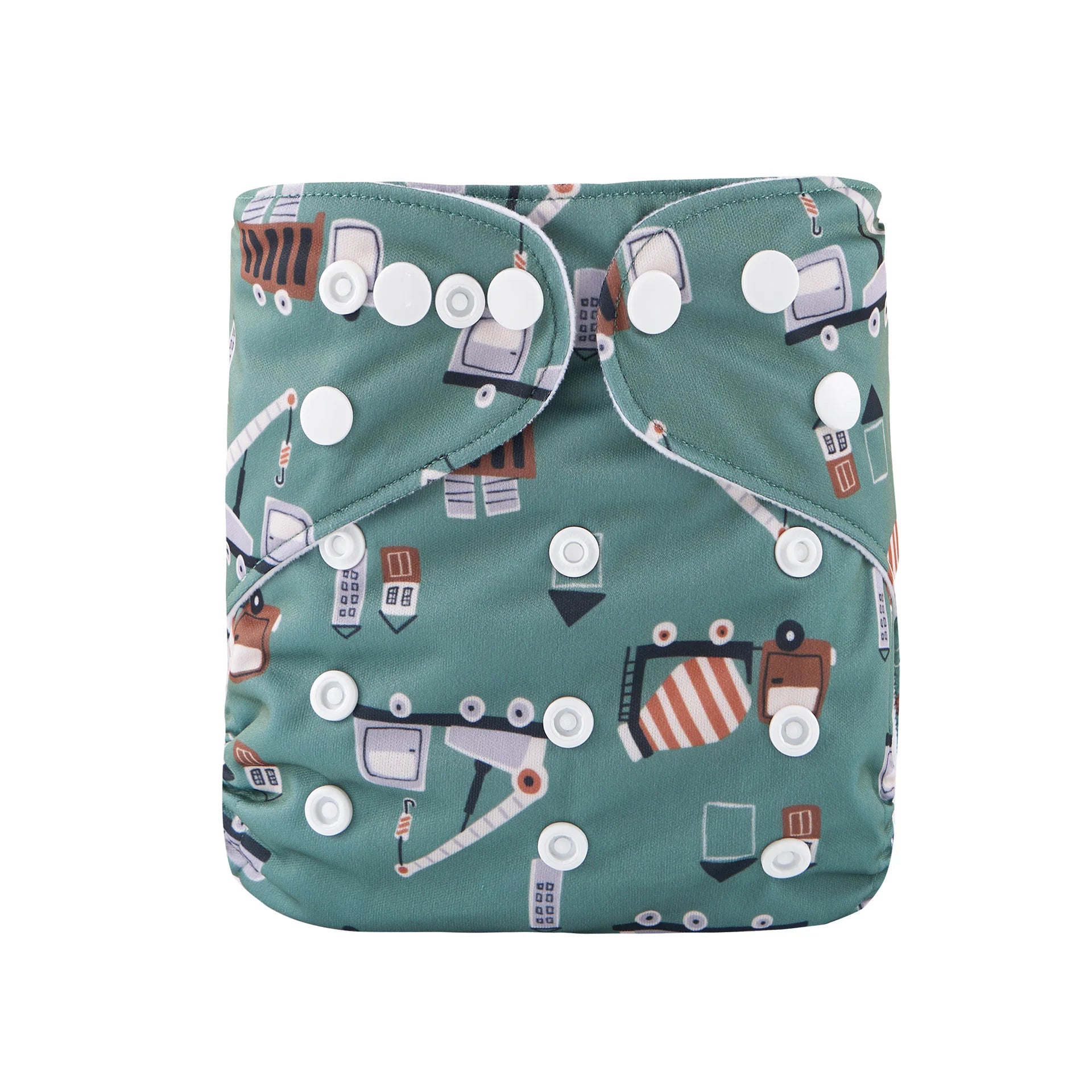 Reusable cloth diaper in green with construction truck and crane print, adjustable snap closure.