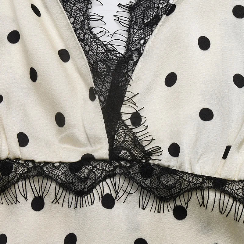 Elegant Dot Print Lace Backless Women Dress Fashion V-neck Puff Sleeve Bandage Maxi Dress 2026 Summer Female Party Holiday Dress