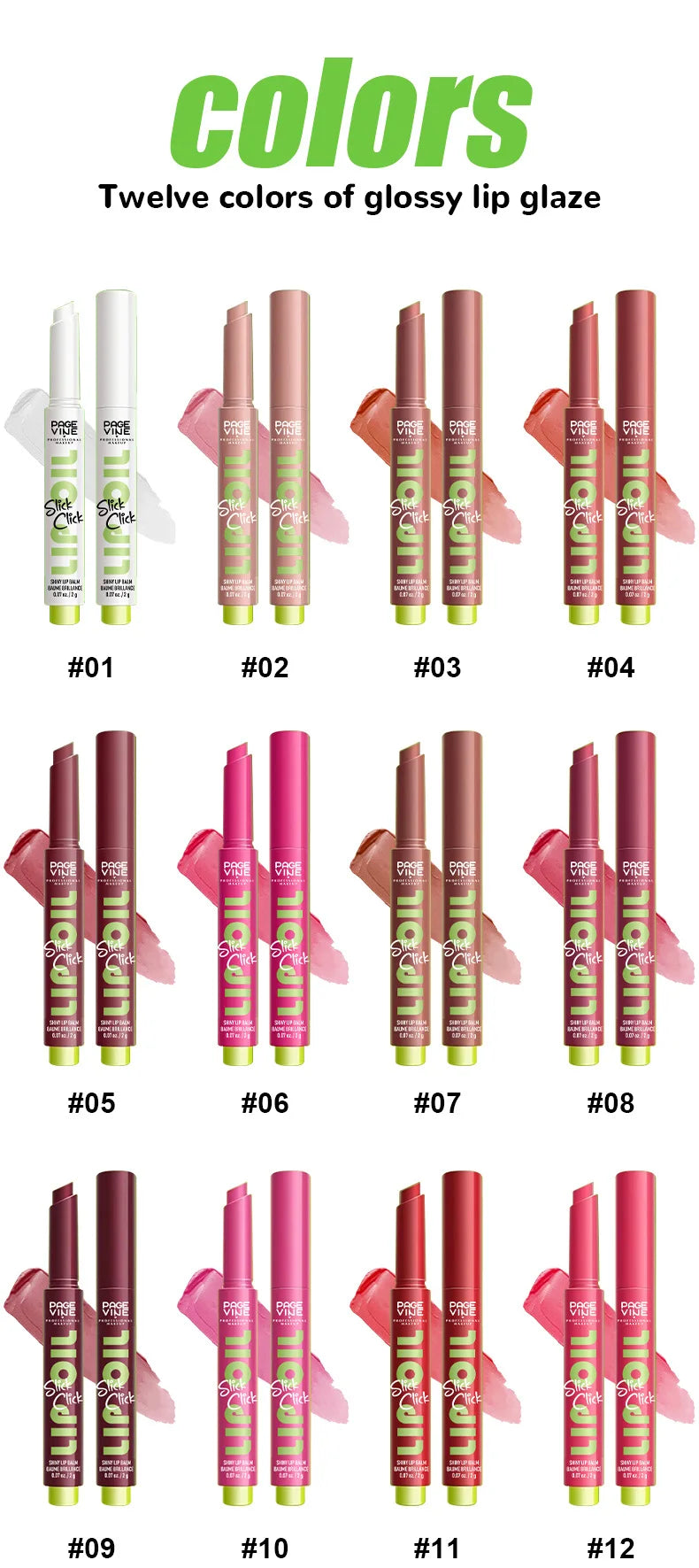 Twelve colors of Click Press moisturizing lip glaze in click-pen tubes, showcasing glossy and waterproof lip makeup.