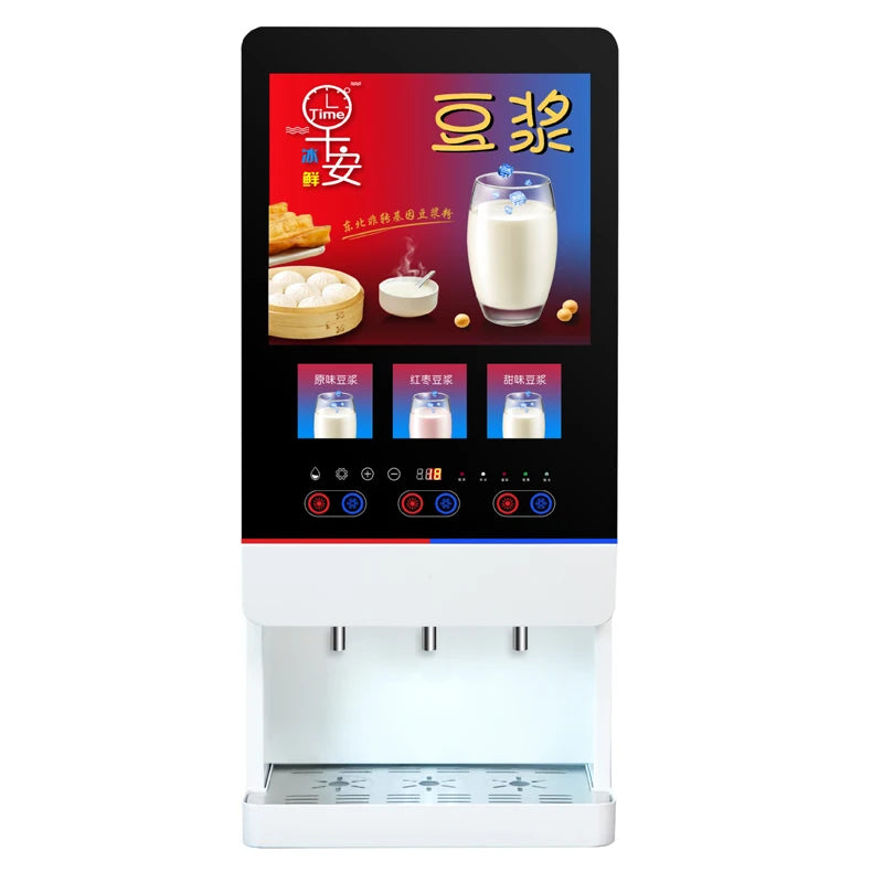 Commercial soy milk and beverage dispenser with white plastic body, digital touchscreen menu, and three tap nozzles.
