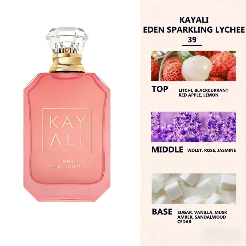 Kayali Eden Sparkling Lychee 39: Pink square bottle, floral-fruity unisex EDP with litchi, rose, and vanilla notes.