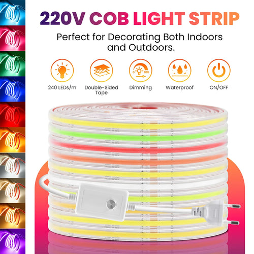 Multi-color COB LED strip light roll with inline controller switch and white power plug