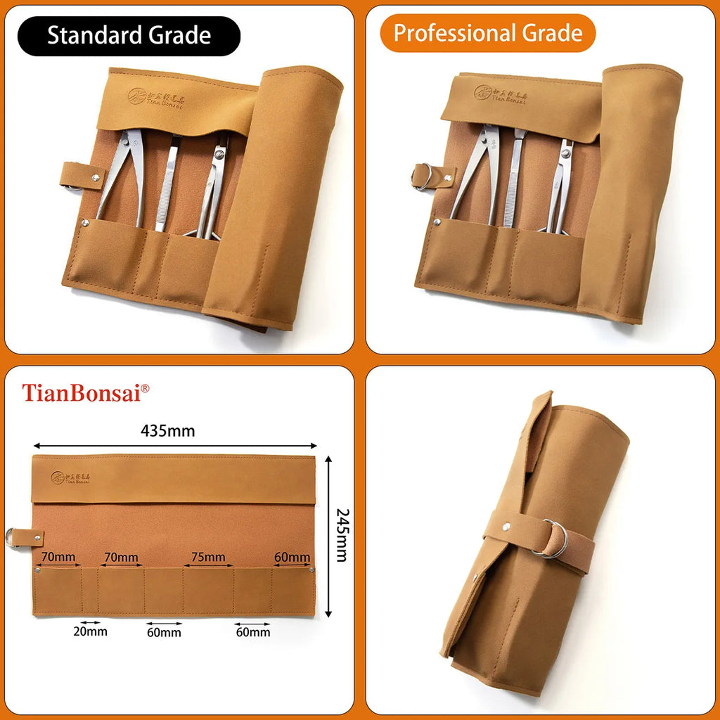 Tan bonsai tool roll bag open with seven silver tools fitted in front slots