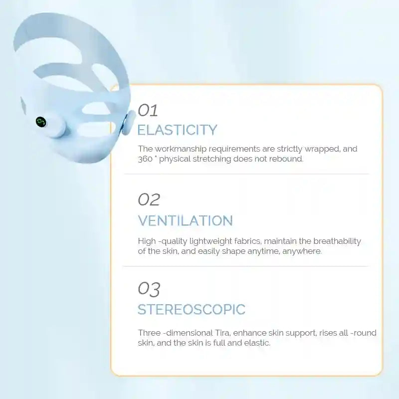 Light blue facial EMS lifting strap with circular controllers, displayed next to a list of product features.