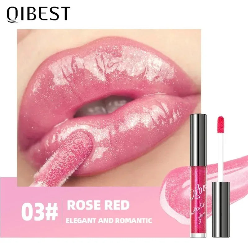 Rose red moisturizing lip gloss with gold shimmer, glassy jelly finish, and high-shine plumping effect for full lips.