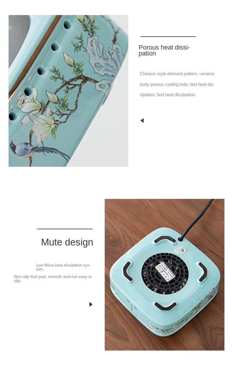 Light blue ceramic tea stove with Chinese floral pattern, featuring porous heat dissipation and non-slip base.