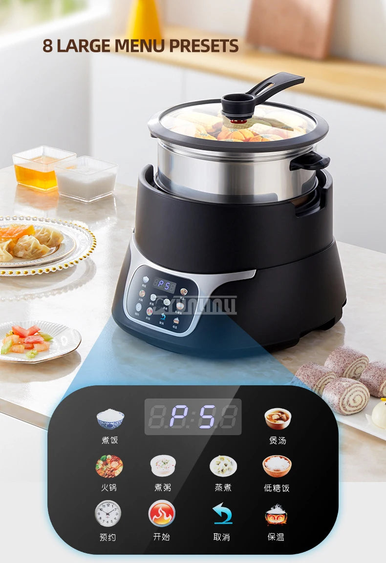5L black electric rice cooker with glass lid, menu preset display on front panel