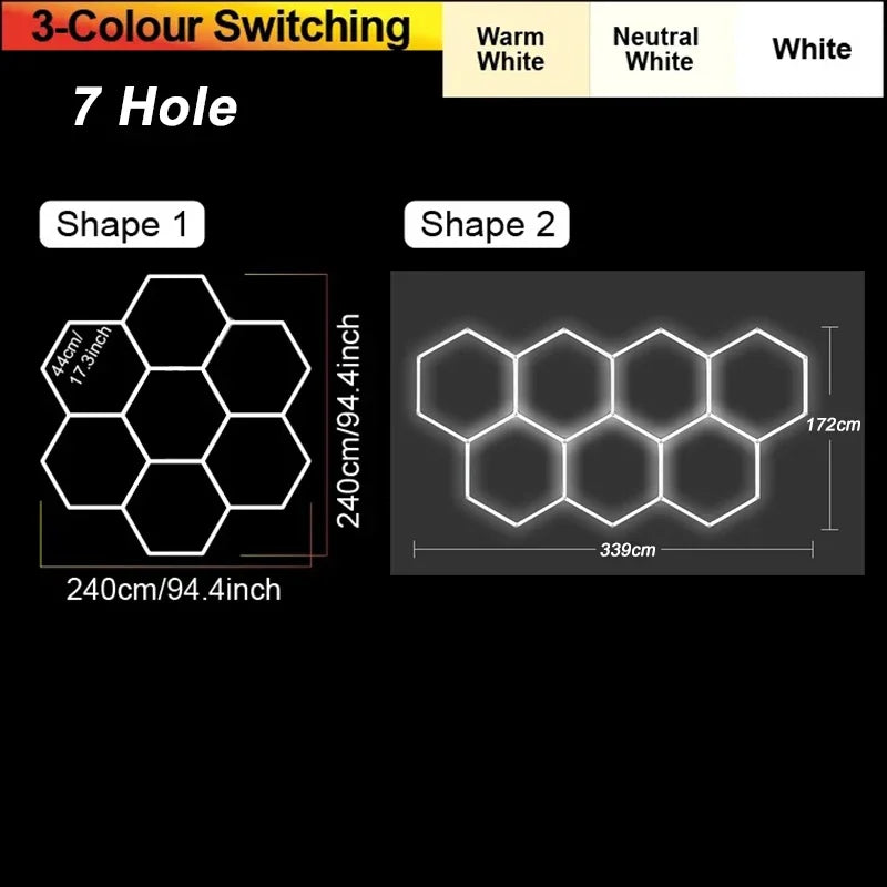 Hexagon LED garage light panel, 7-hole honeycomb, 3-color switching (warm to white).