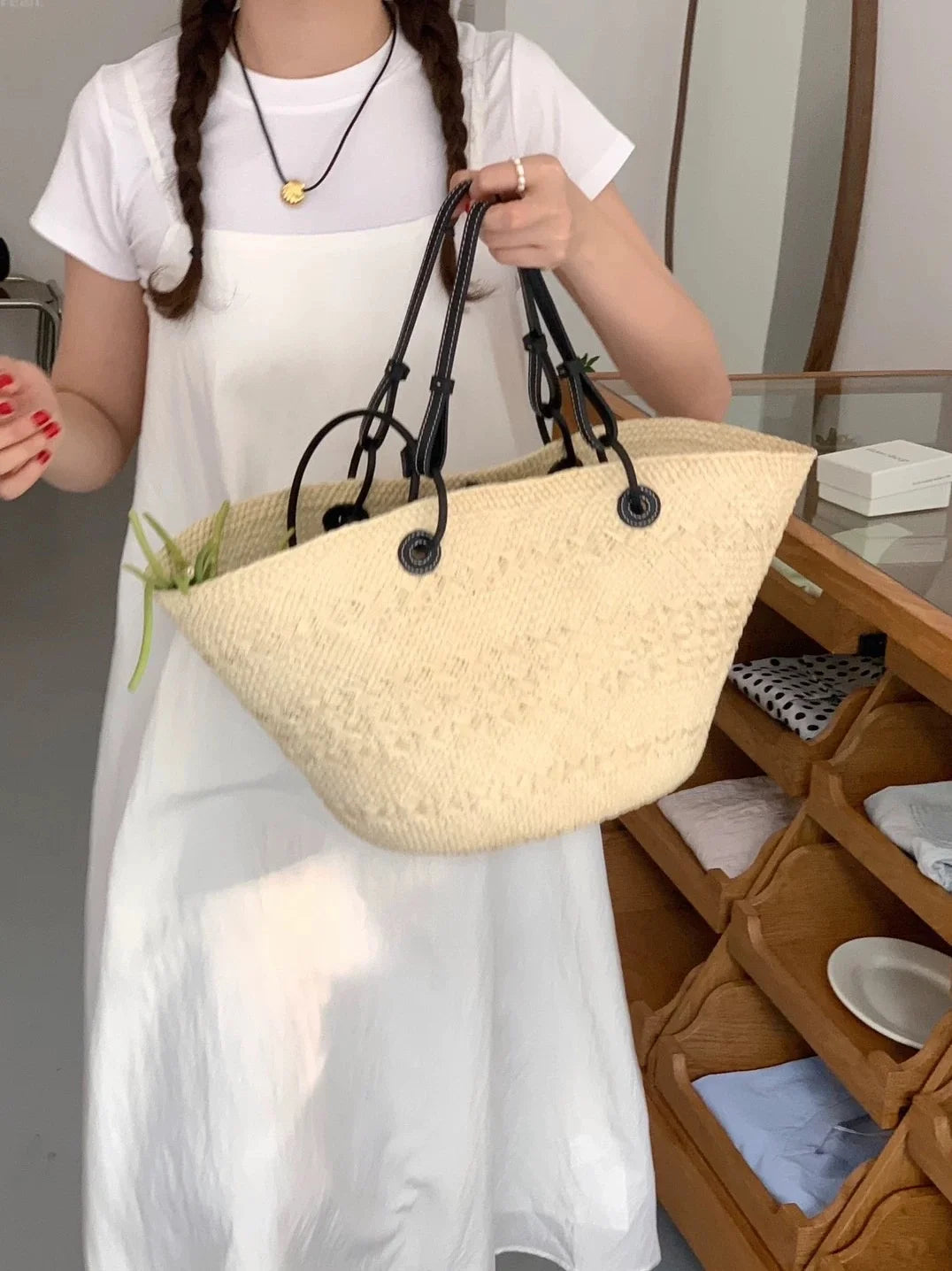 2026 New Handmade Raffia Straw Bohemian Woven Crochet Tote Shoulder Bag Women Summer Beach Holiday Brown Palm Leaf Basket
