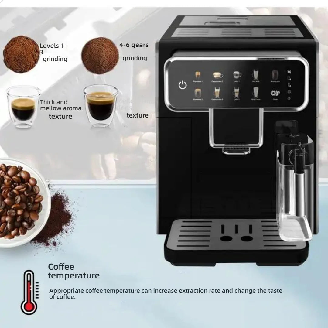 Black automatic espresso machine with touchscreen control panel, adjustable grinder settings, and milk frothing carafe.