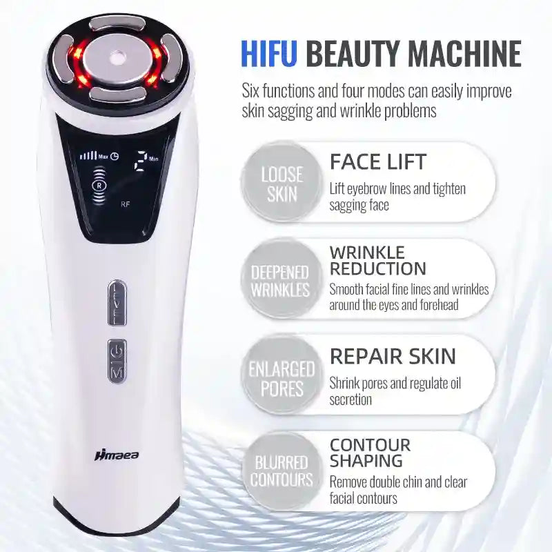 White handheld mini HIFU RF facial beauty device for skin tightening, wrinkle reduction, and firming facial care.