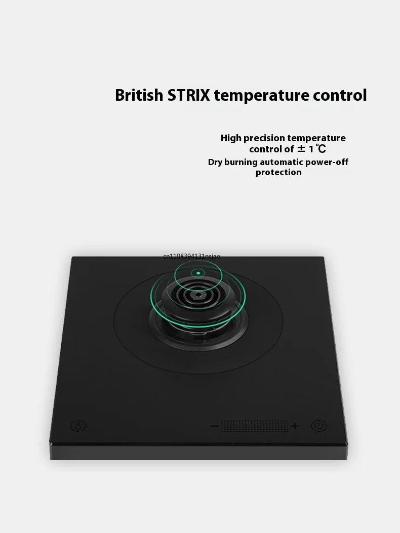Black square electric heating base for coffee or tea featuring British STRIX temperature control and touch interface.