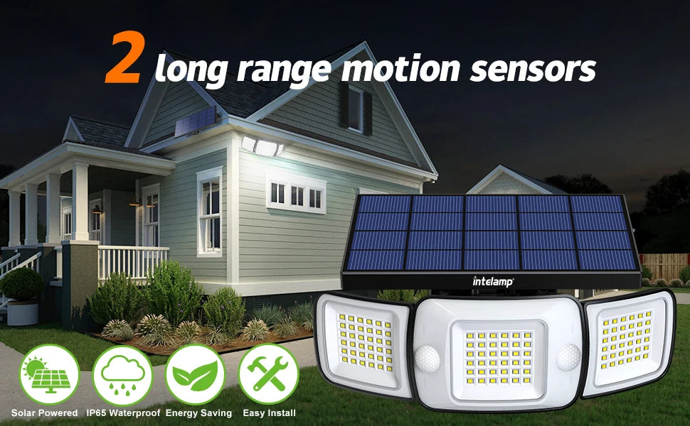 Intelamp Top Brand Long Life 4000Mah Outdoor Solar Led Lights Spotlight Large Solar Panel With 3 Modes Two Motion Sensors Security Flood Light Wall Lamp For Garden Yard Garage