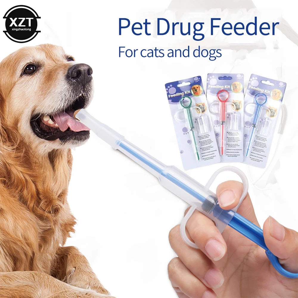 Pet pill dispenser syringe for cats and dogs. Easy-to-use blue plastic tool for safe medicine and water feeding.