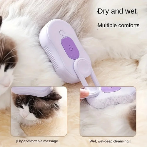 Purple and white 3-in-1 pet brush with silicone bristles for dry and wet grooming