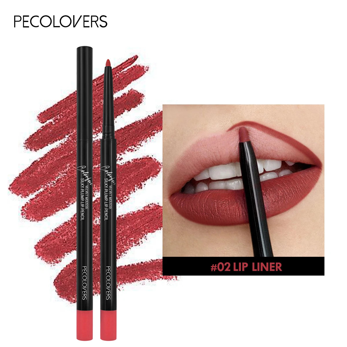 PECOLOVERS waterproof matte lip liner pencil in #02 red with long-lasting, smudge-proof silky finish on lips.