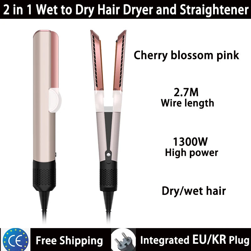 Cherry blossom pink 2-in-1 hair dryer and straightener flat iron for wet to dry styling with 1300W high power.