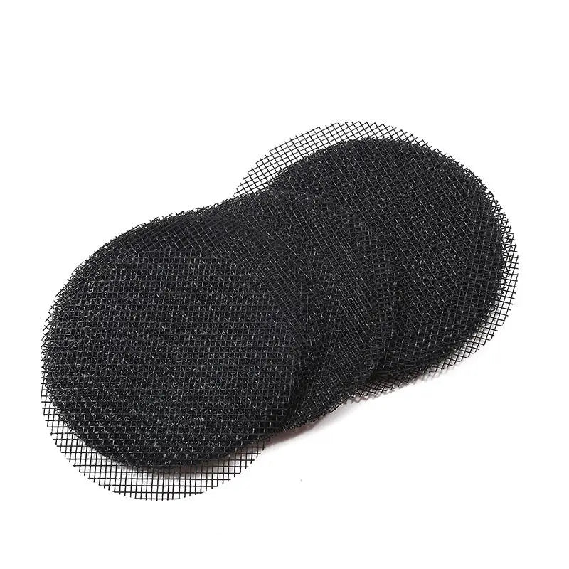 Pair of overlapping black round mesh drainage screens with grid openings