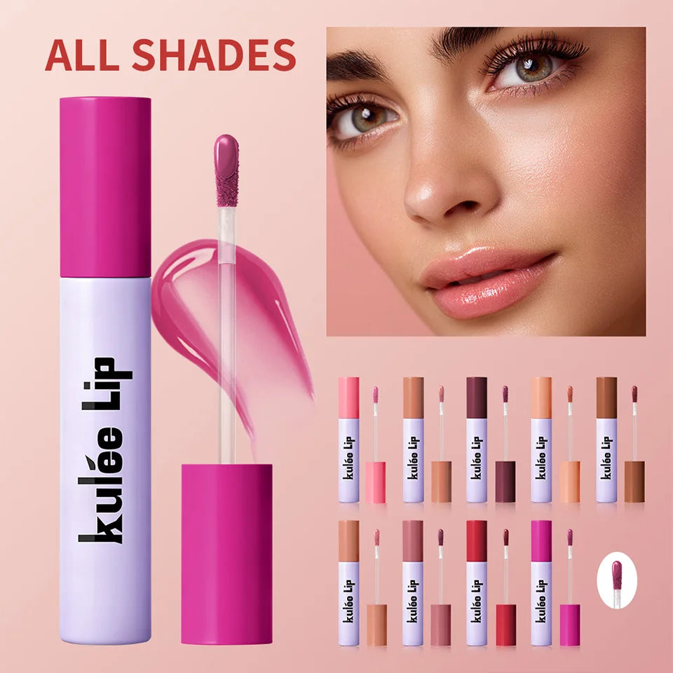Lakerain Kulfée moisturizing lip oil set, 9 smooth, non-sticky shades with glossy, hydrating finish for vibrant lips.
