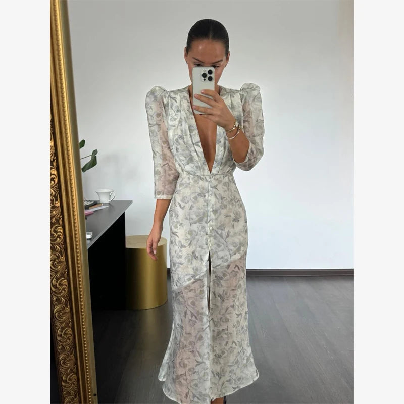 Fashion Sexy Organza Floral Printed Maxi Dress V-neck Puff Sleeve 2026 New Summer Romantic Women Party Gown Elegant Lady Vestido