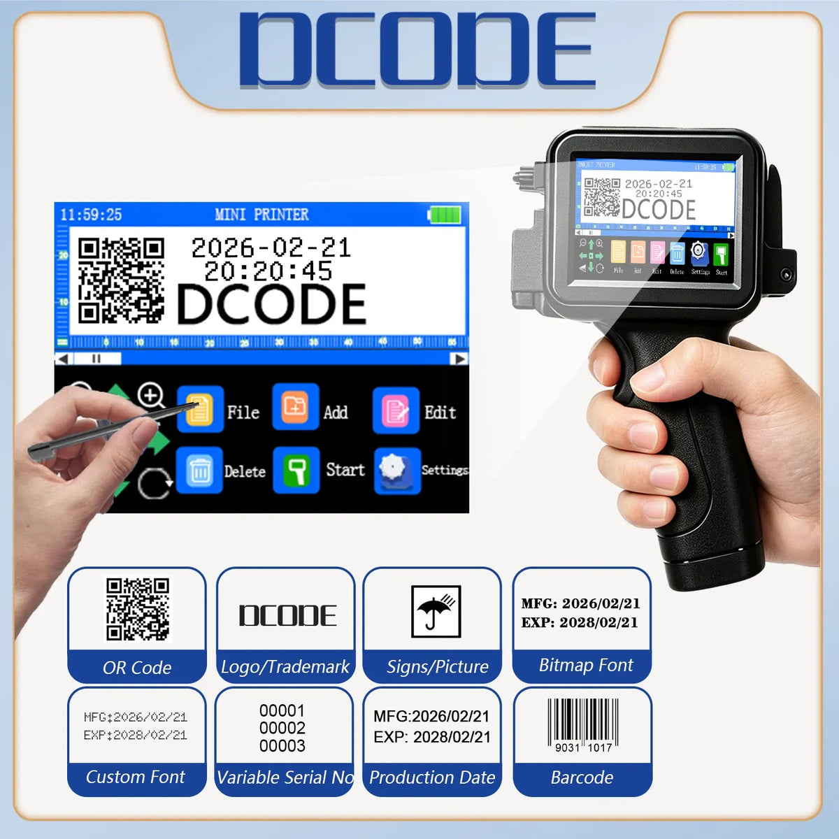DCODE XTMINI 12.7mm Handheld Inkjet Printer Portable Printers Text QR Barcode Batch Number Logo Image Date Printing Machine