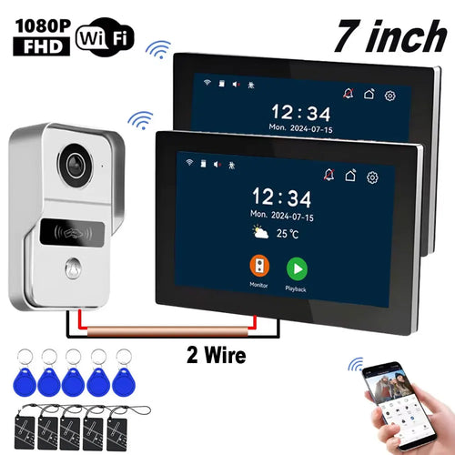 7-inch smart video doorphone intercom kit with outdoor camera and dual indoor monitors