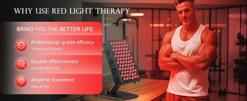 Red light therapy panel for pain relief and anti-aging with 660nm 850nm LEDs on a stand in a gym setting.