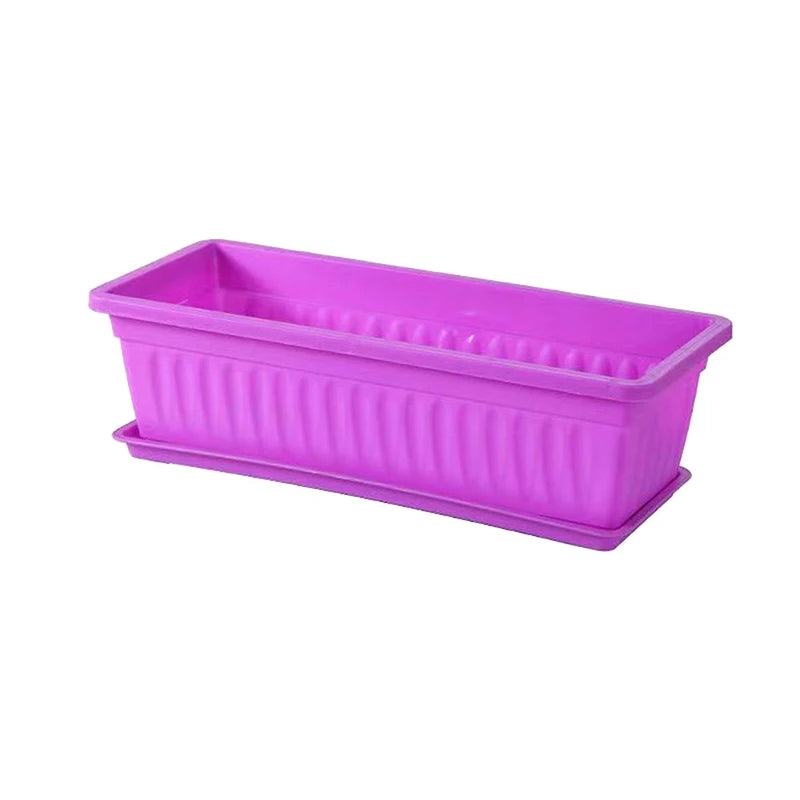 Rectangular plastic planter box with drainage slots, purple pot for balcony or indoor plants