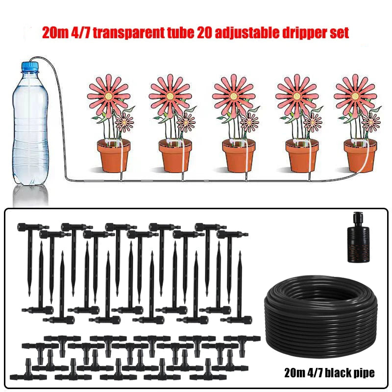 Garden drip irrigation kit set: 20m/4.7mm black pipe with adjustable drippers and tubing